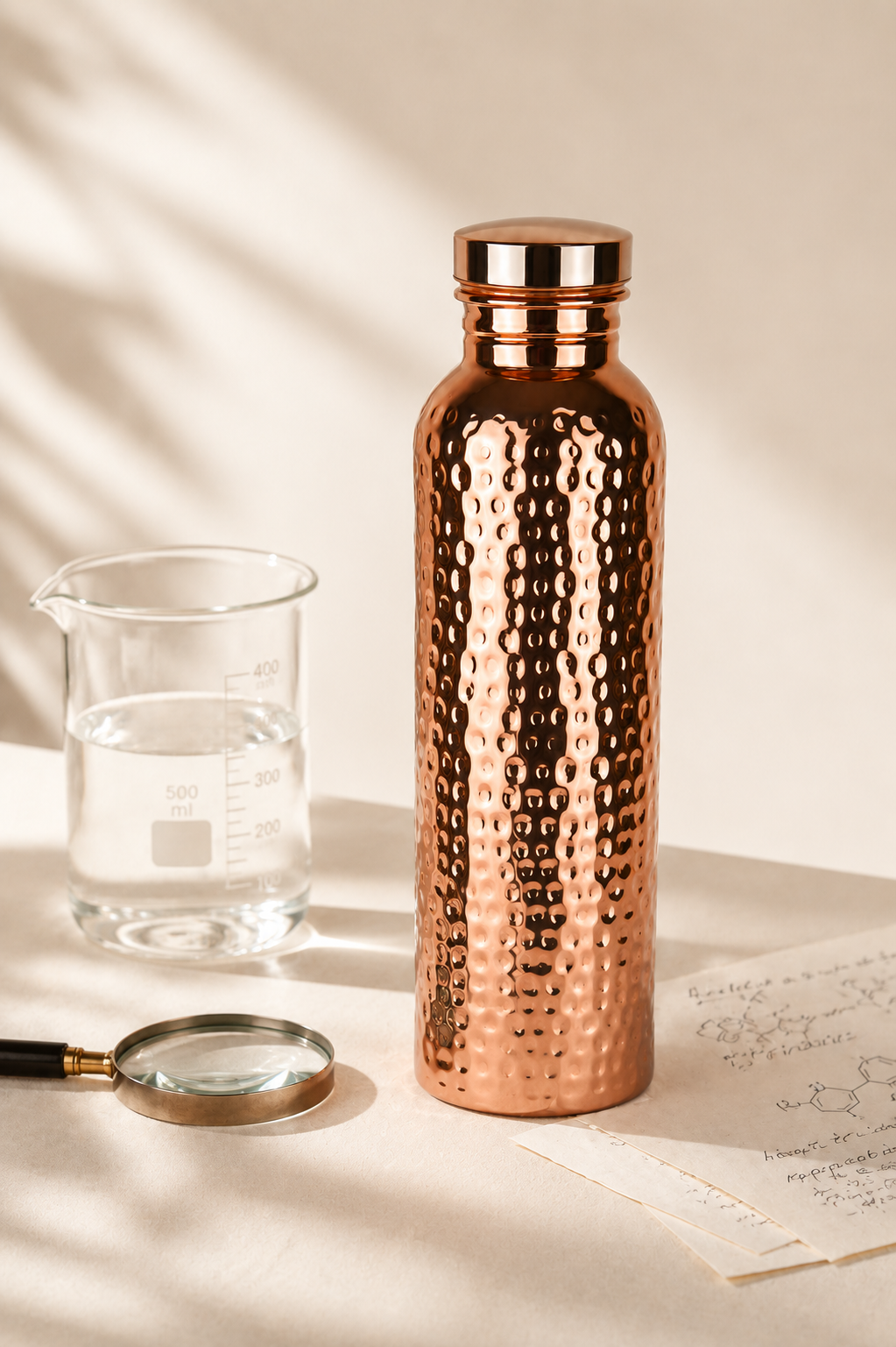 Copper Ritual bottle with scientific beaker and research notes