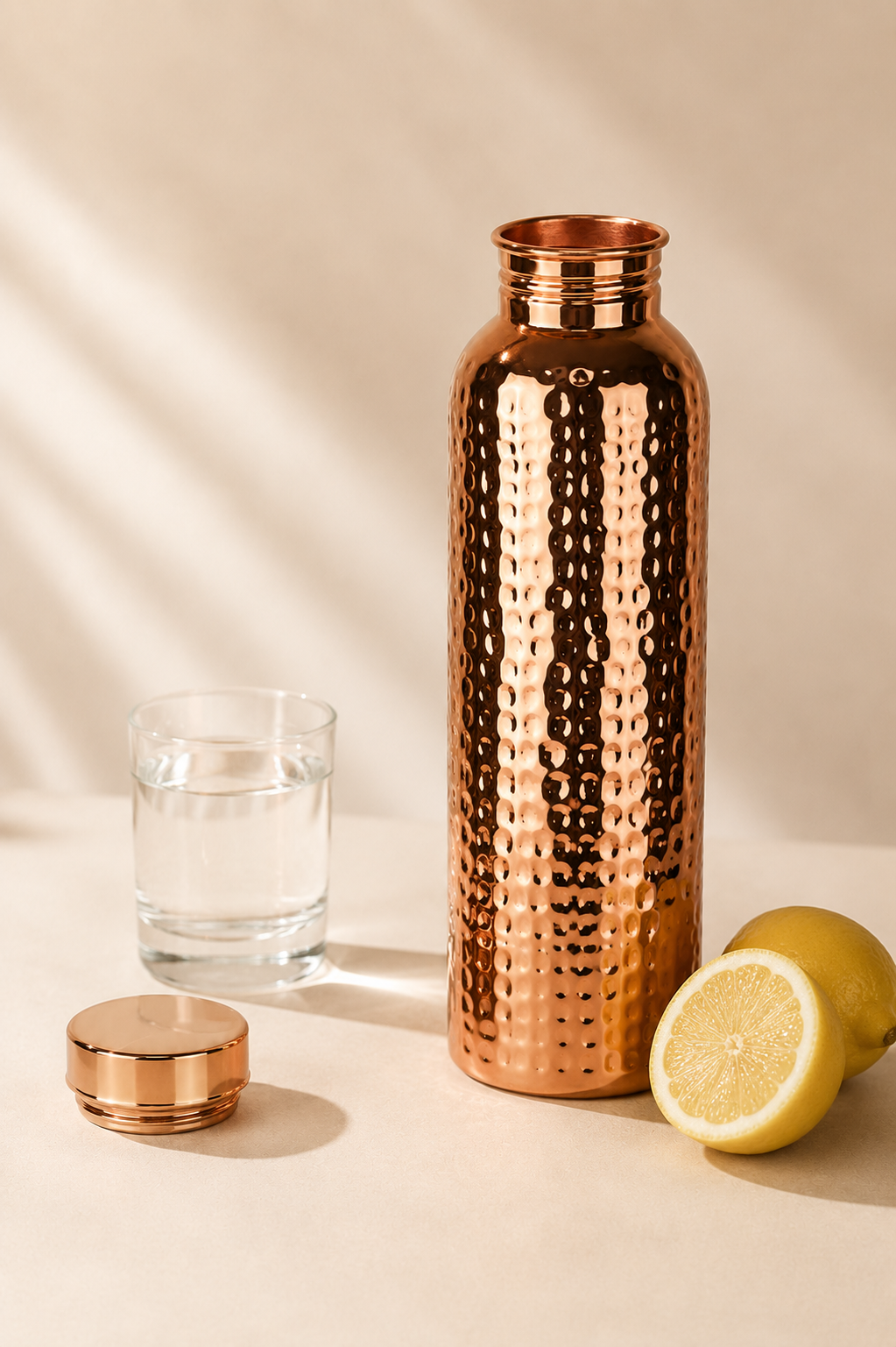 Copper bottle with cap off, glass of water, and fresh lemon