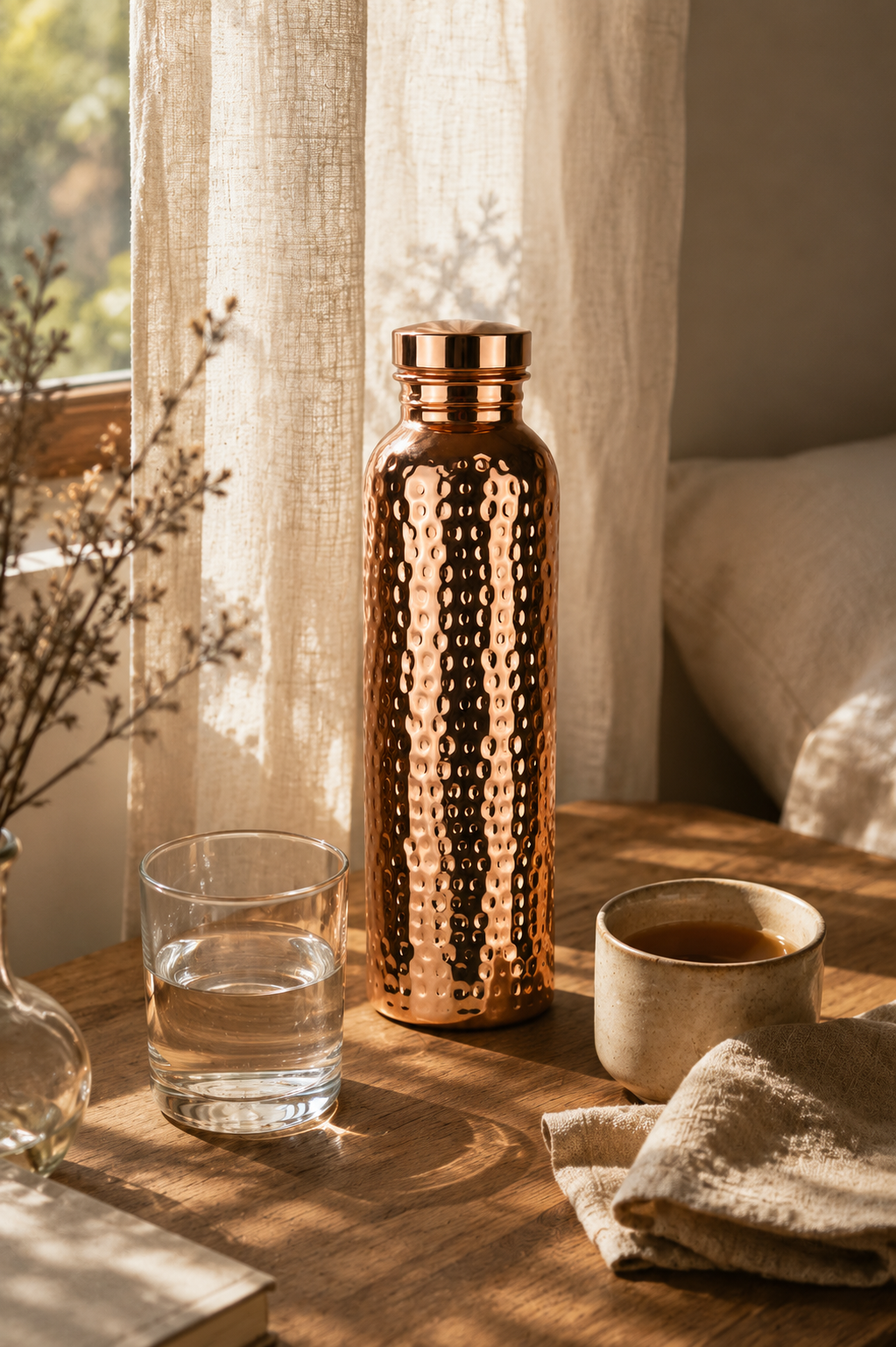 Copper bottle on a wood bedside table in warm morning light with water and tea