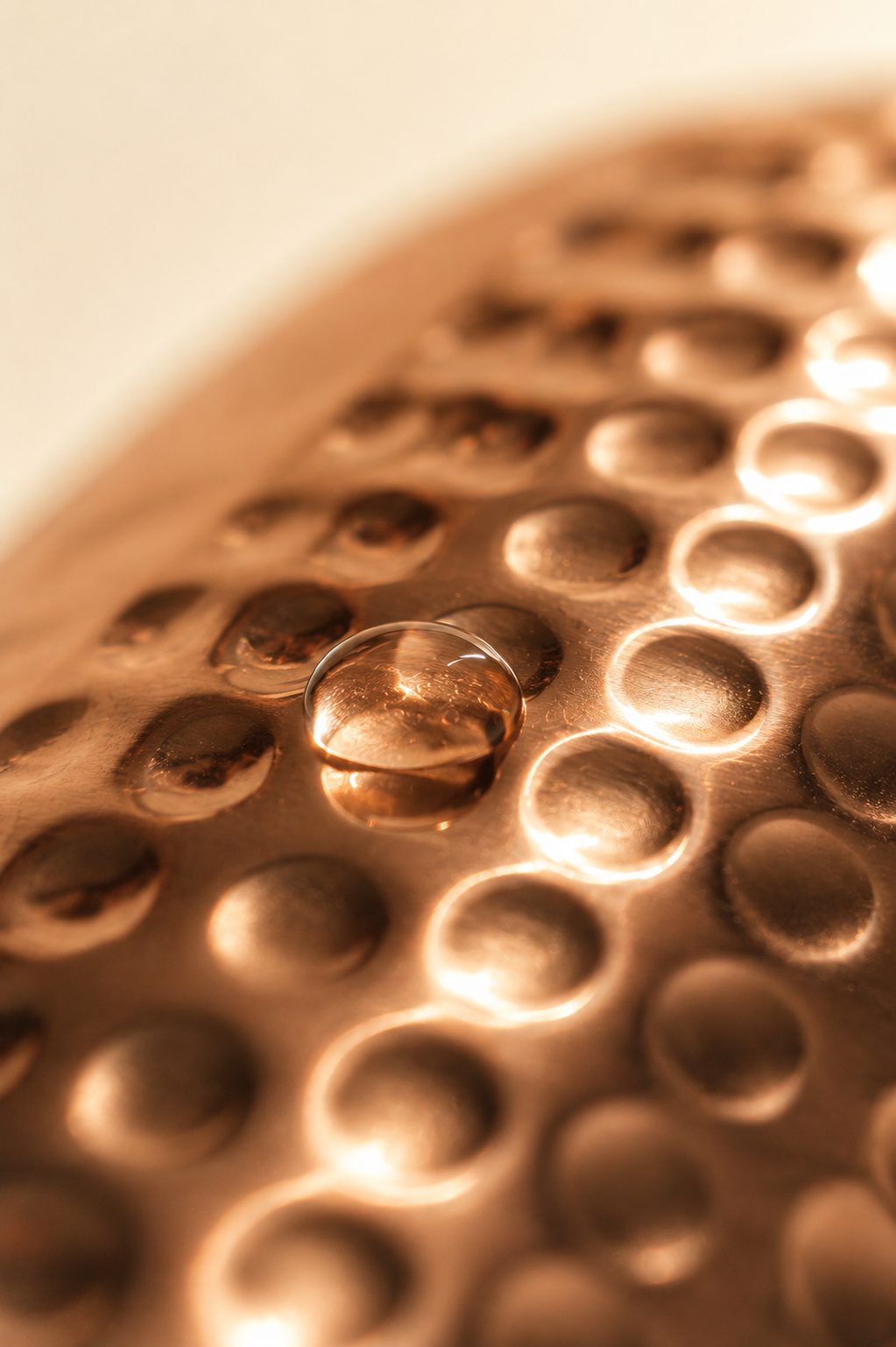 Macro photo of a water droplet on the hammered copper surface