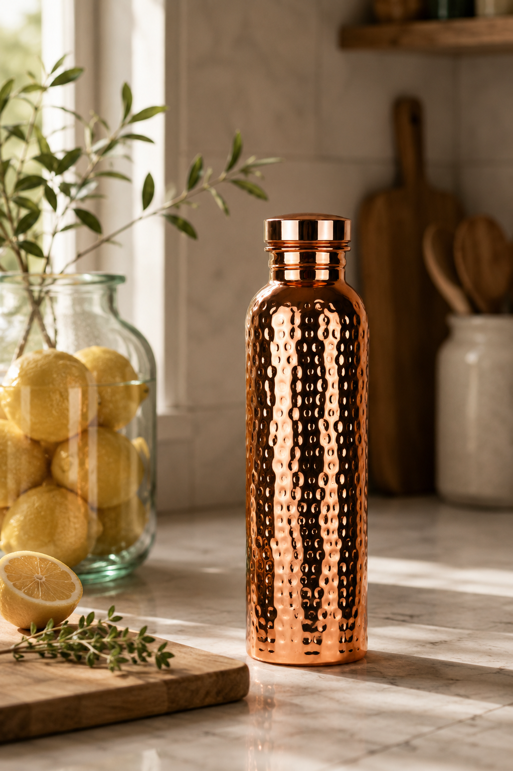 Copper Ritual bottle on a marble kitchen counter with lemons and fresh herbs