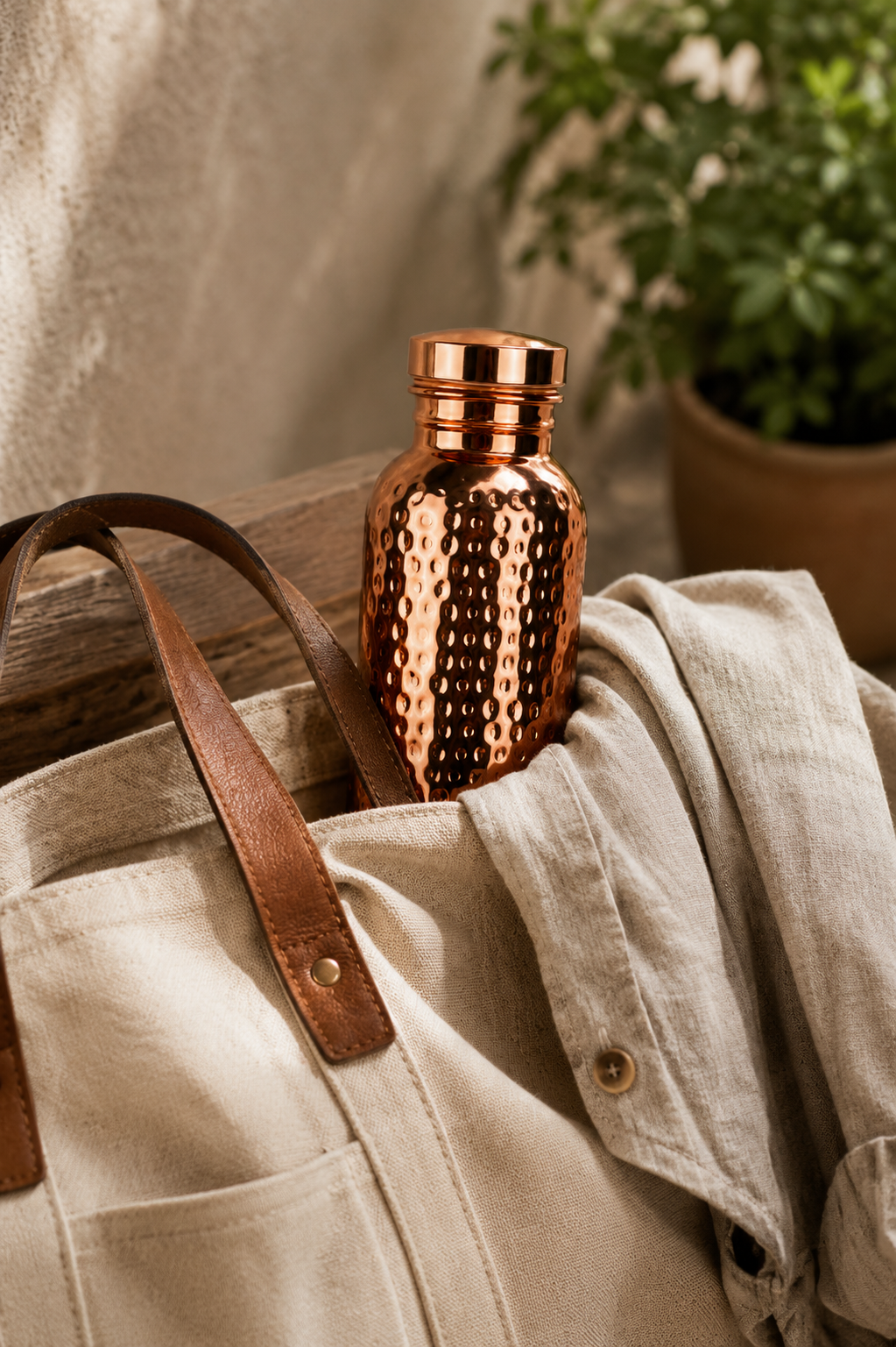 Copper Ritual bottle tucked into a canvas tote bag