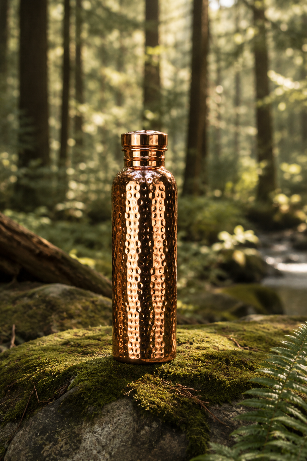Copper Ritual bottle resting on a moss-covered rock in a forest setting