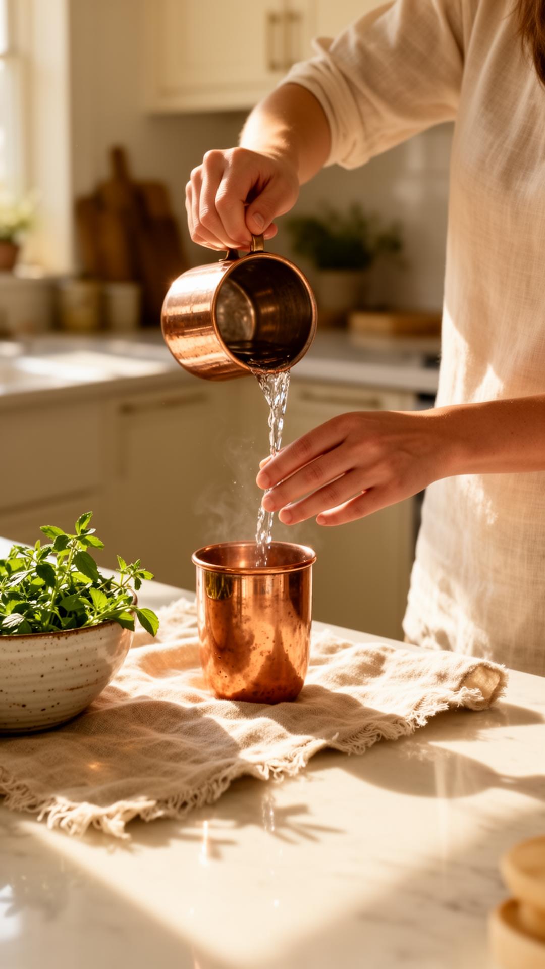 Pouring copper-infused water